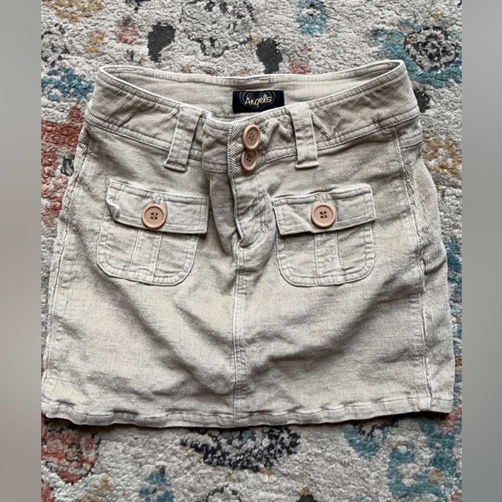 y2k tan corduroy mini skirt with big buttons